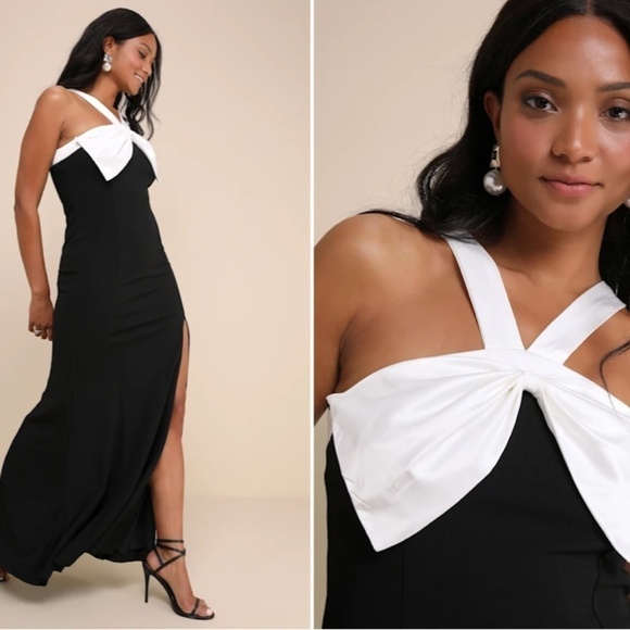 LULUS Prom Wedding Classy Minimal Sophisticated Satin Bow Holiday Maxi Gown - Picture 2 of 5